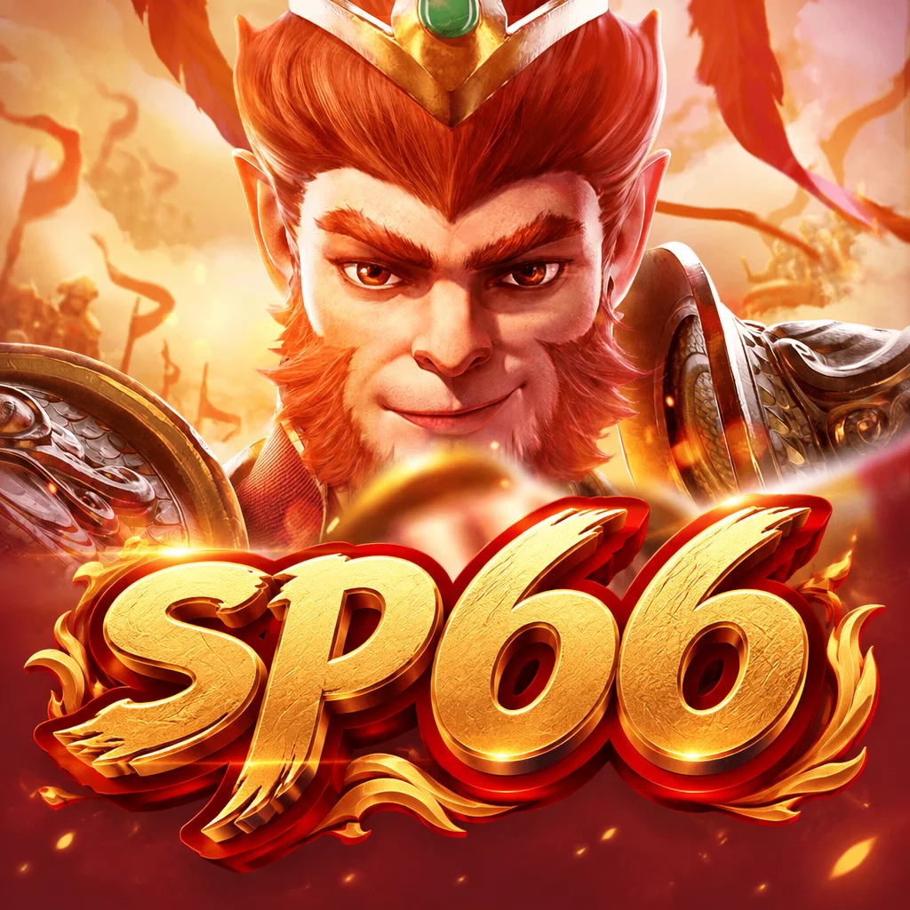 Ilustrasi karakter Sun Wukong berbaju zirah emas dengan logo SP66 berbingkai api